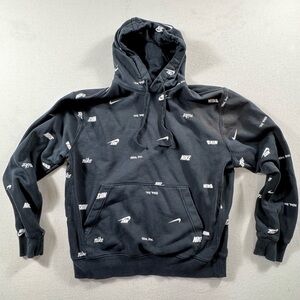 Nike Club Fleece All-Over Logo Print Hoodie Size M Black “Nike Inc.” Multi Logo